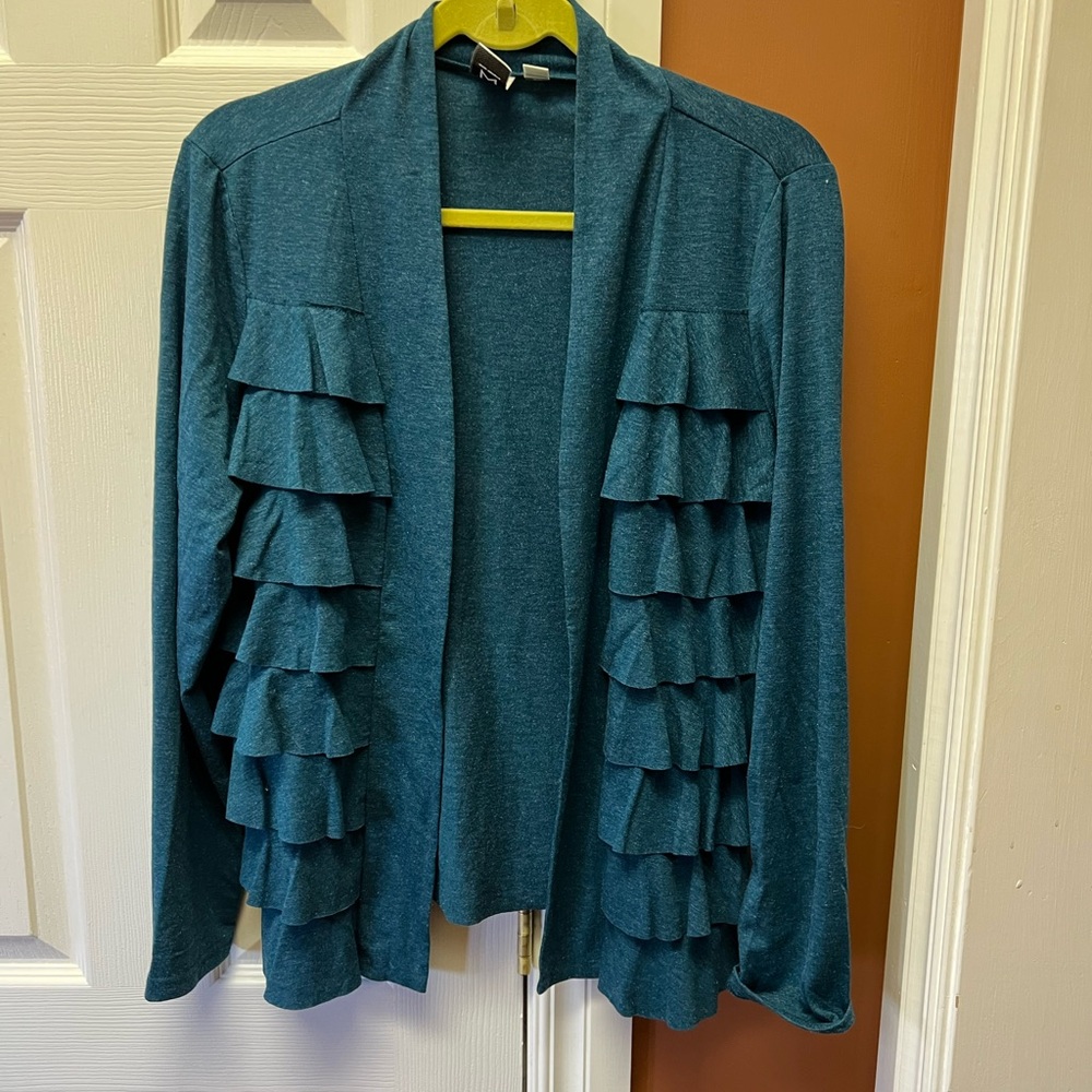 Marc Bouwer Teal Ruffle Cardigan